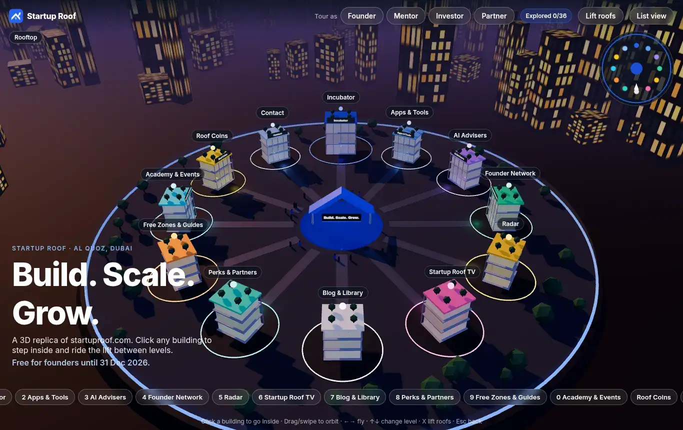 3D view of the Startup Roof campus: a Dubai rooftop at dusk with lit buildings for each section of the site