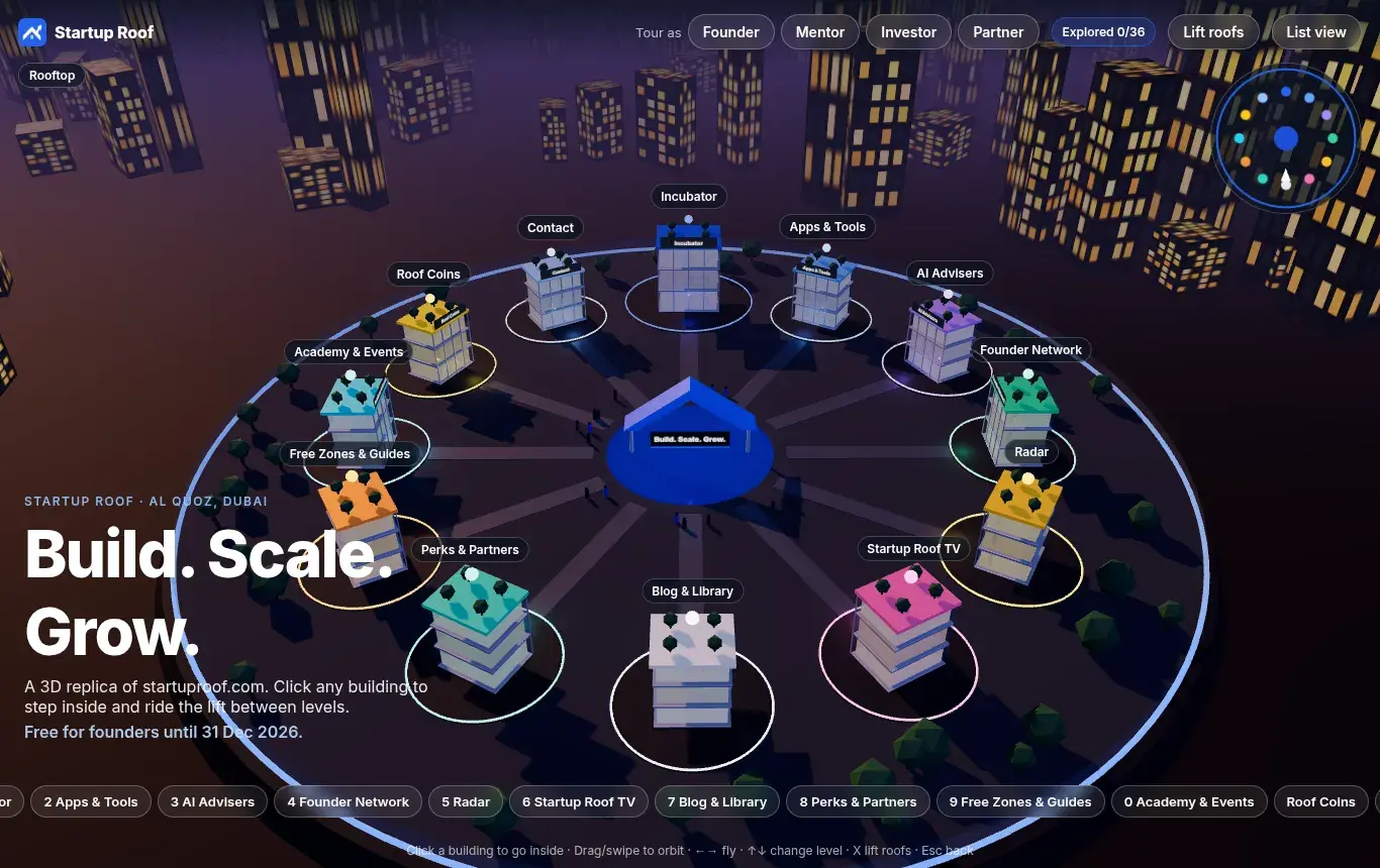 3D view of the Startup Roof campus: a Dubai rooftop at dusk with lit buildings for each section of the site